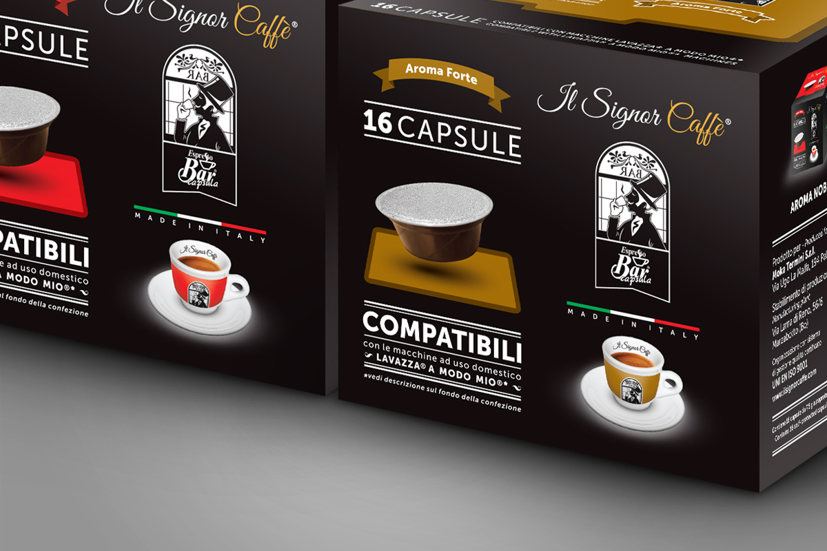 portfolio Gorange - DTP Grafica - packaging Mokatermini SigCaffe capsule compatibili Modomio