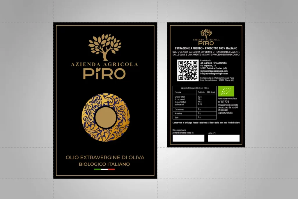 Grafica etichetta per bottiglia olio di oliva siciliano